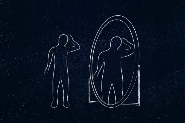 simple illustration of person looking in mirror and seeing a larger reflection